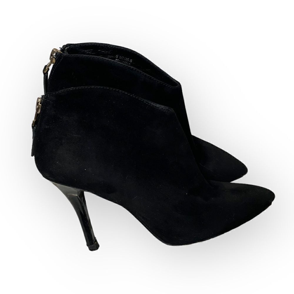 B Brian Atwood Black Suede Point Toe High Heel Booties